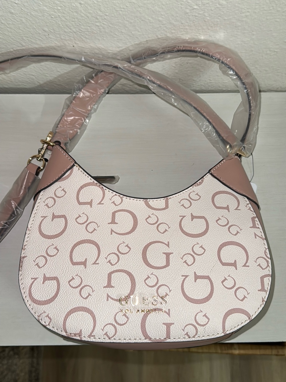 GUESS Blush Pink Logo Crescent Shoulder Bag